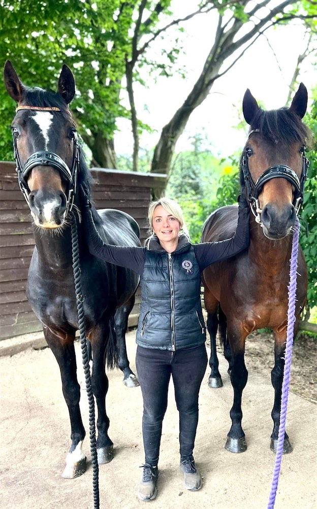 Dr Isabelle Rosser, an equine chiropractor with two of her horses